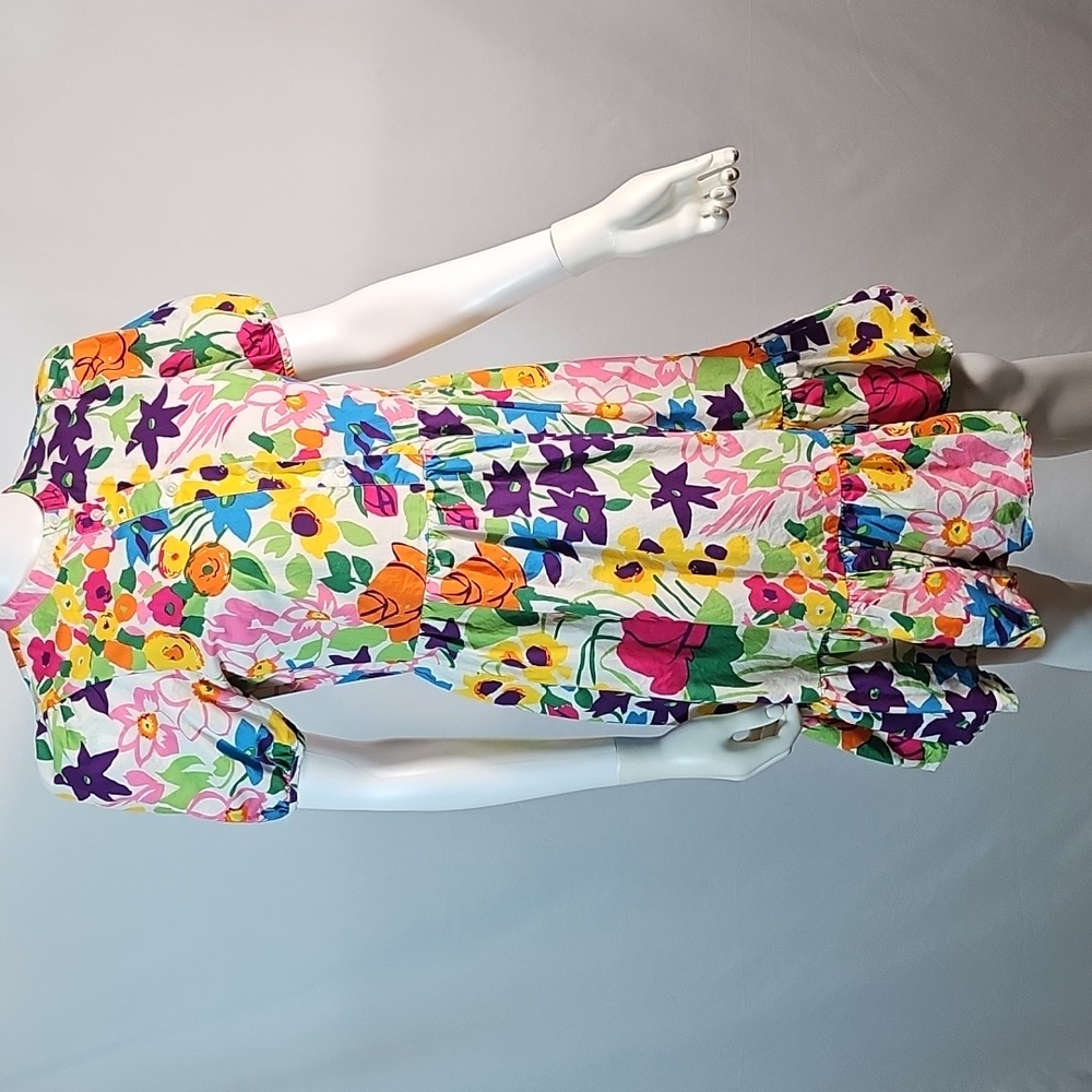 J. Crew 100% Cotton Vibrant Multi-Color Floral Puff Sleeve Ruffle Hem Dress - Picture 4 of 16